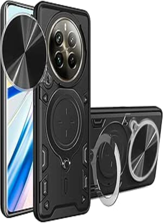 FASCINATION Phone Case Compatible With Realme 12 Pro Plus (12 Pro+) - Texture Sliding Camshield Hard Shockproof Heavy Duty CD Ring Case (Black)